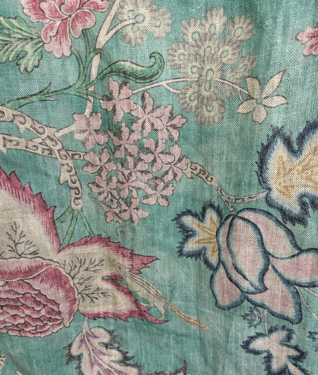 green, pink, blue, linen, Acquitaine, drapery fabric, upholstery fabric