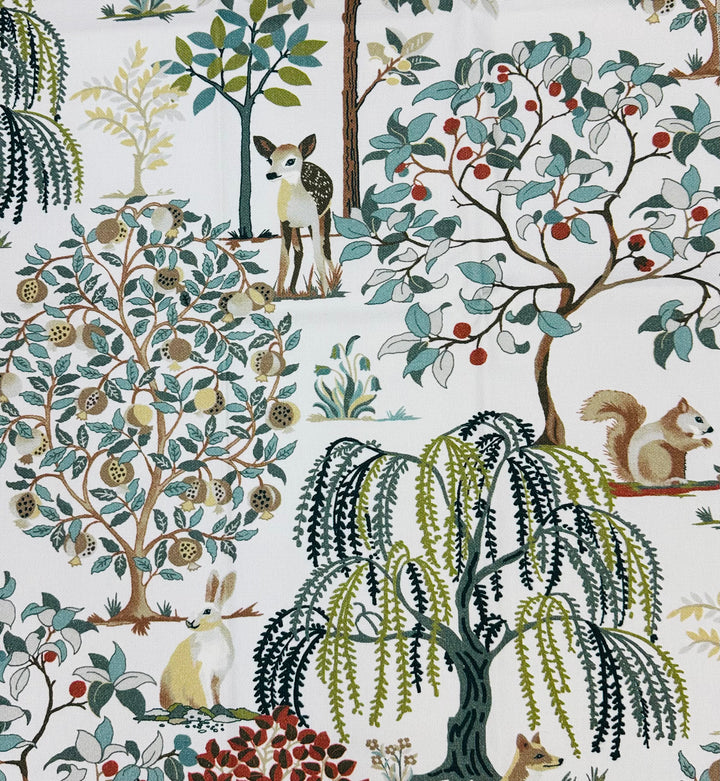 woodland creatures, animals, trees, birds, drapery fabric, upholstery fabric by the yard