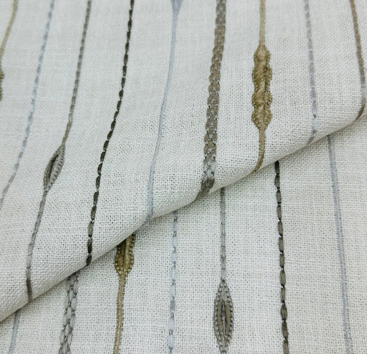striped, embroidered, drapery, upholstery fabric by the yard