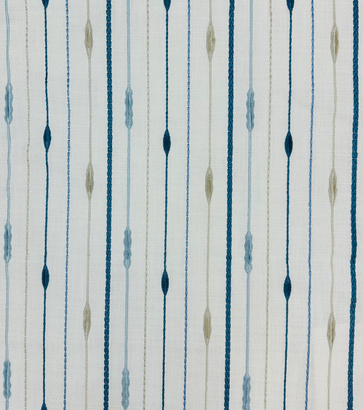 embroidered, striped, blue, ivory, drapery fabric by the yard