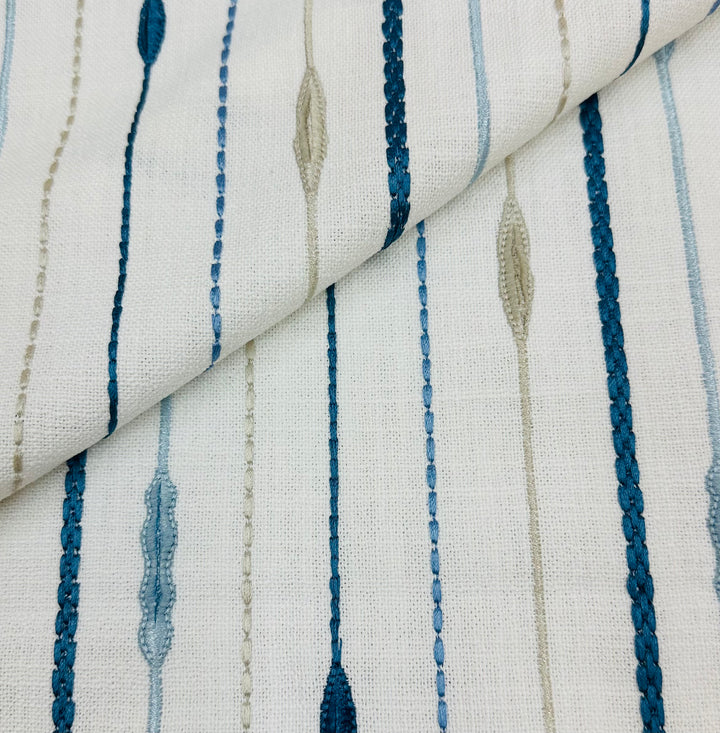 embroidered, striped, blue, ivory, drapery fabric by the yard