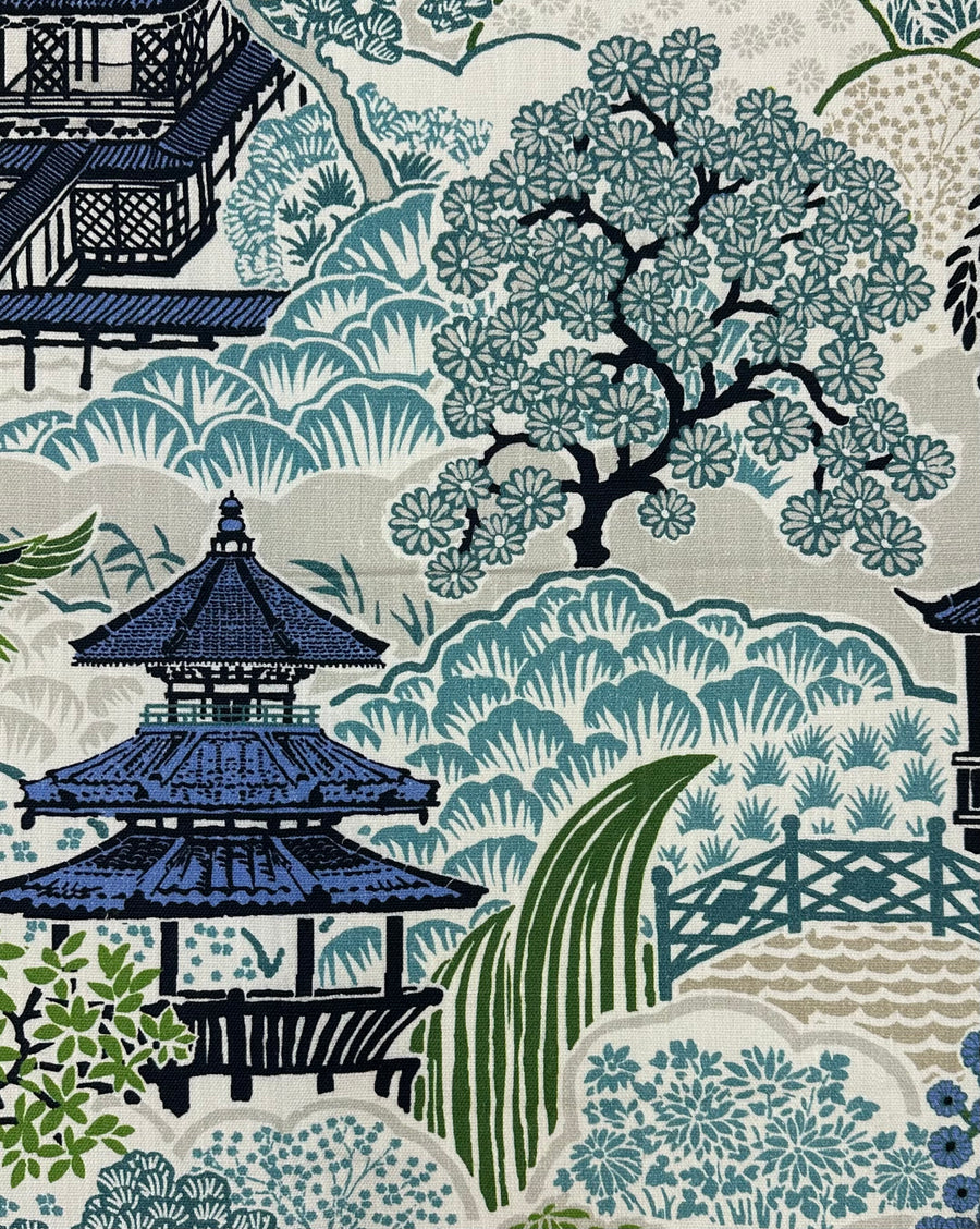 chinoiserie, blue, green, ivory, oriental, drapery fabric by the yard