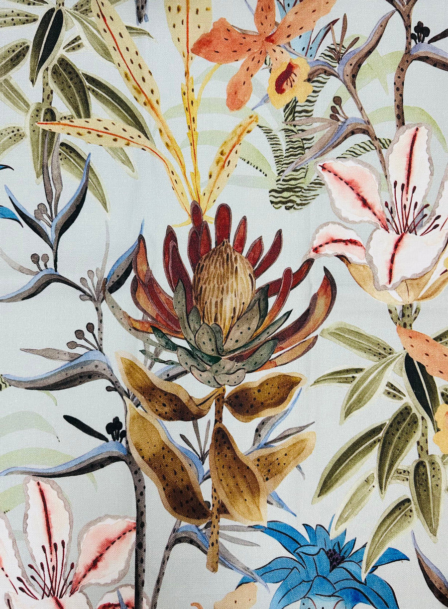 aqua, red, yellow, blue, green, brown, floral upholstery, drapery, bedding, fabric by the yard