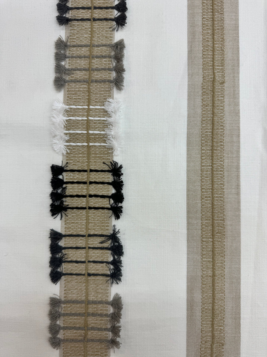 striped, embroidered, tan, navy, white, grey, drapery fabric by the yard