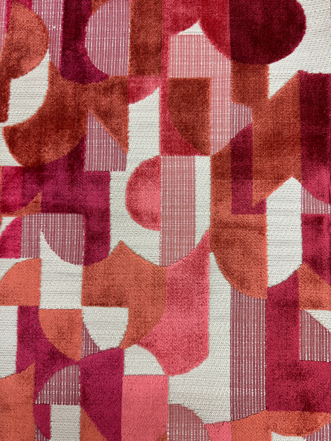 pink, red, orange, velvet, geometric, abstract, fabric by the yard