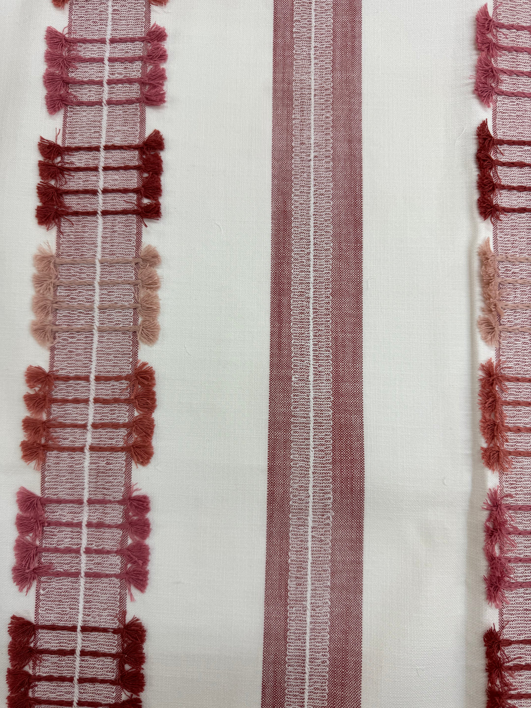 pink, red, ivory, striped, embroidered, fabric by the yard