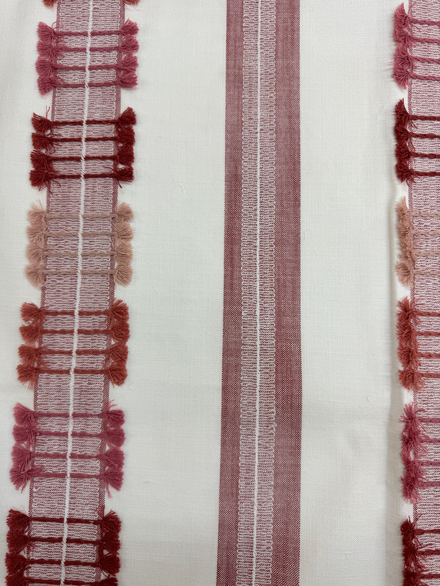 pink, red, ivory, striped, embroidered, fabric by the yard