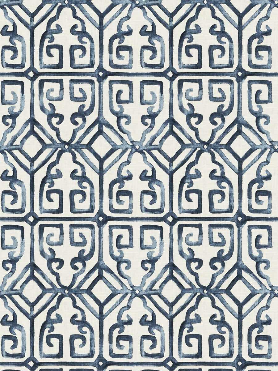 Blue, Geometric, Linen, Lattice, Asian, Print, Fabric By The Yard