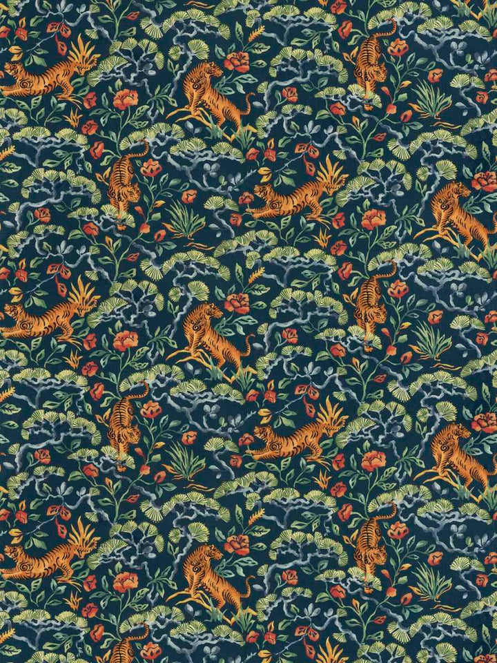 blue, navy, multi-color, tiger, animal print, drapery, bedding, upholstery, fabric by the yard