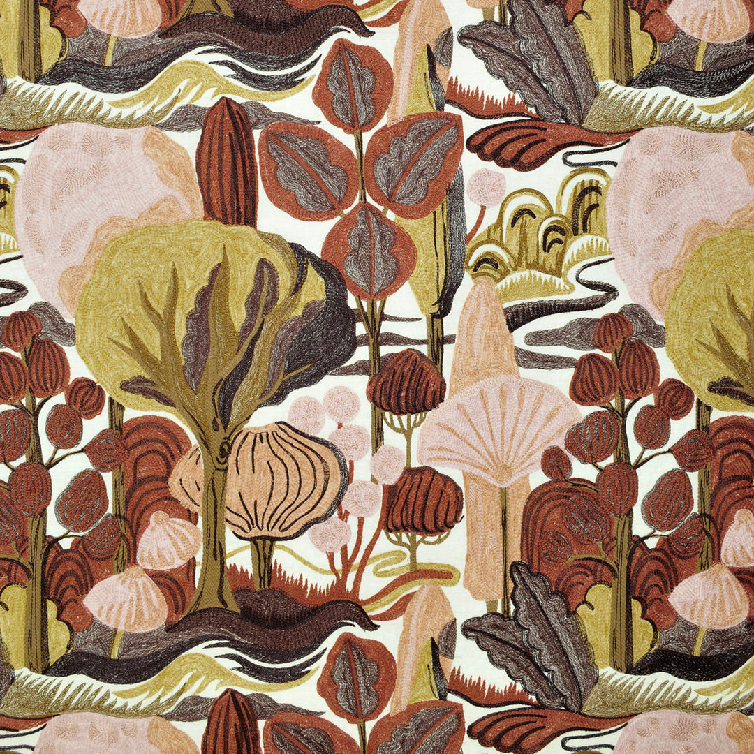 floral, embroidery, pink, red, green, brown fabric by the yard
