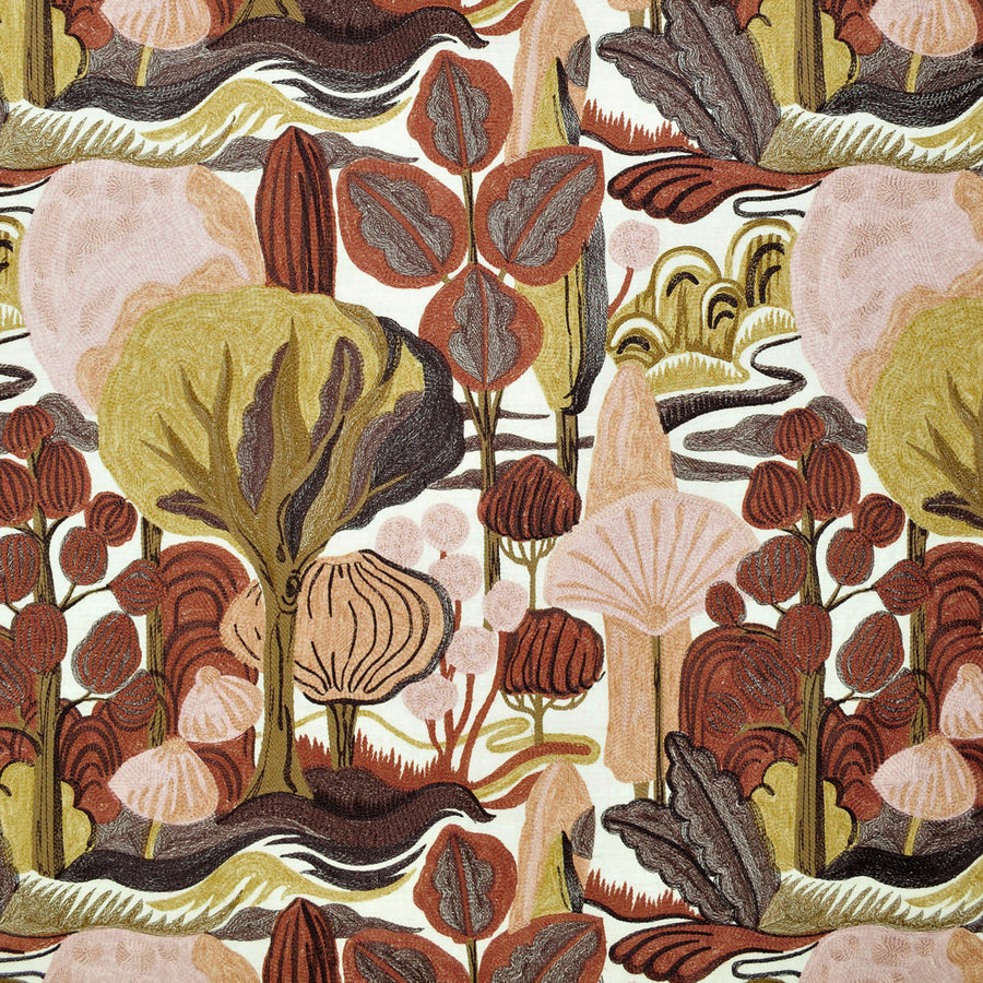 floral, embroidery, pink, red, green, brown fabric by the yard