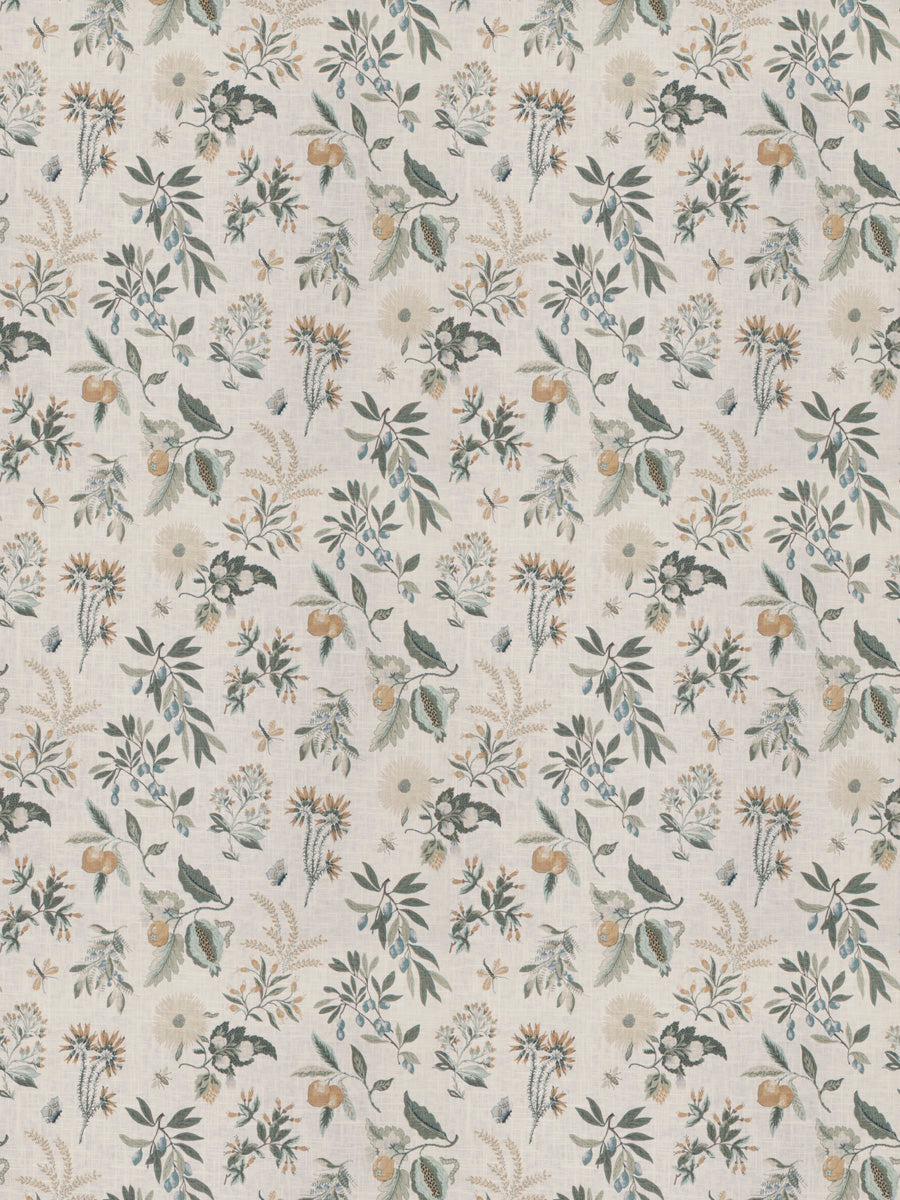 Blue, Green, Orange, Floral, Drapery and Bedding Fabric By The Yard