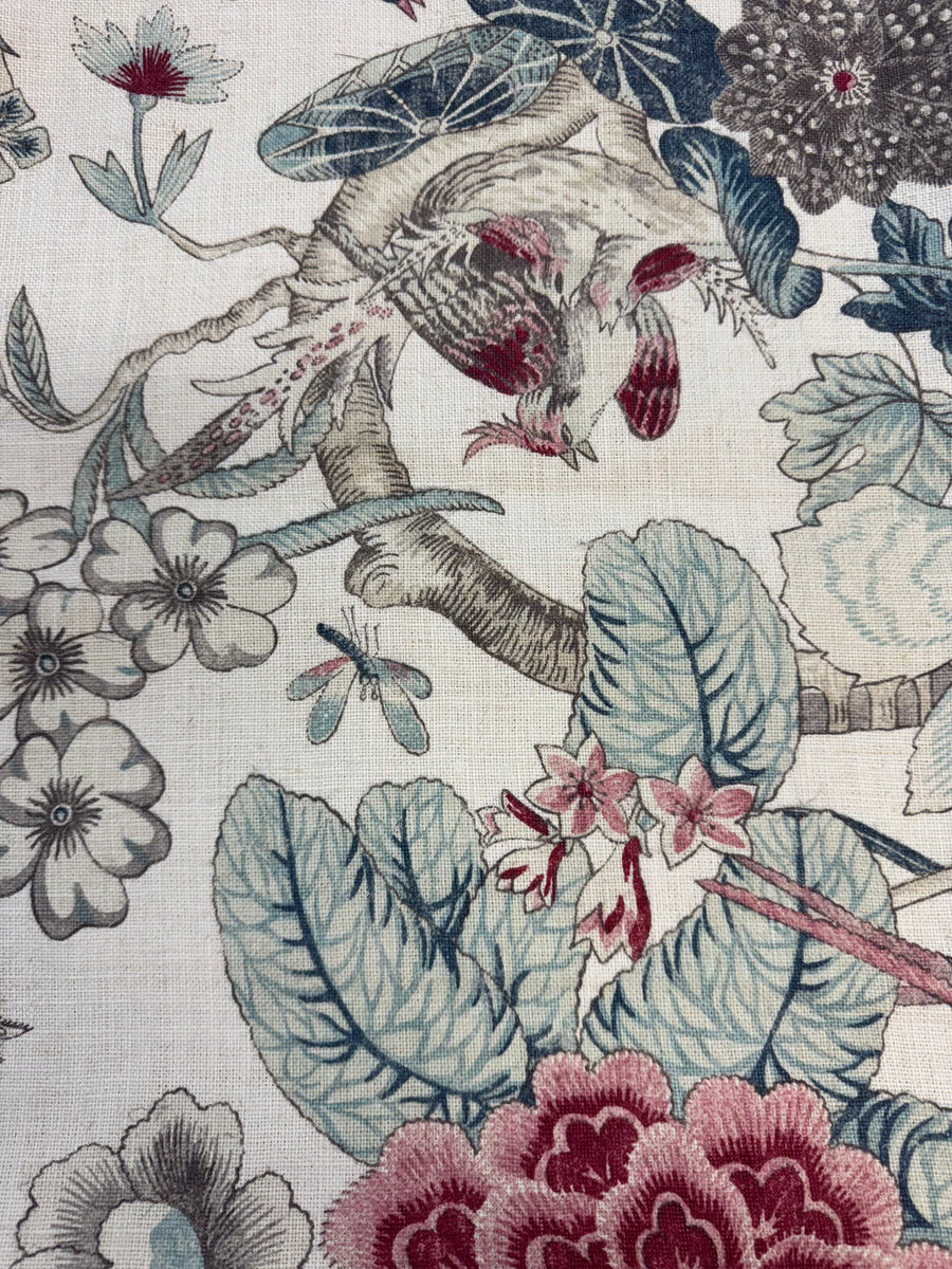 pink, blue, ivory, grey floral drapery fabric