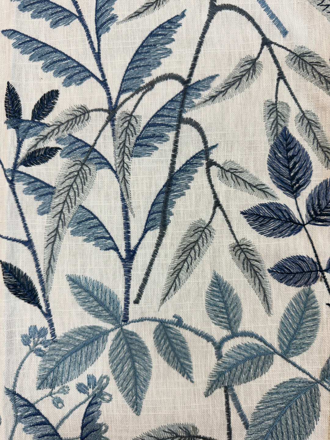 blue, embroidered, floral, drapery, tablecloth fabric by the yard