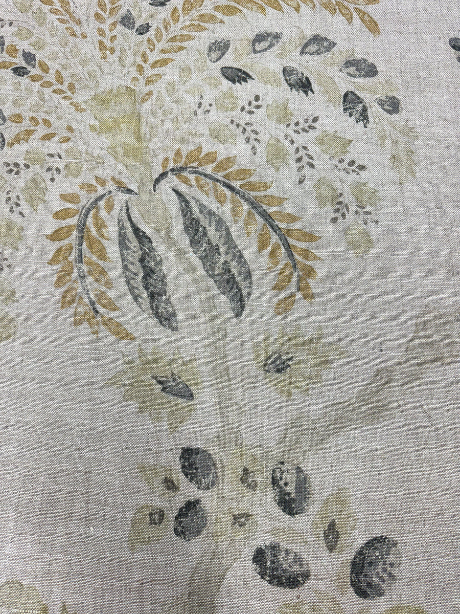 tan, green, orange, charcoal, floral, imported linen from England