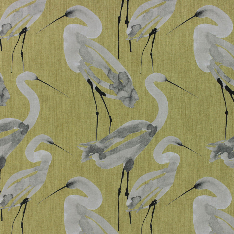 lime green, birds, cranes, drapery, upholstery fabric