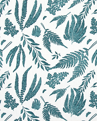 Teal leaf pattern on a white background with a fabric yardstick at the bottom.