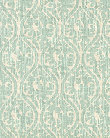 Fabric swatch with a wavy, patterned design in light blue and beige on a beige background.