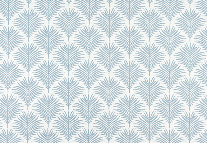 Patterned fabric with blue palm leaf design on a white background