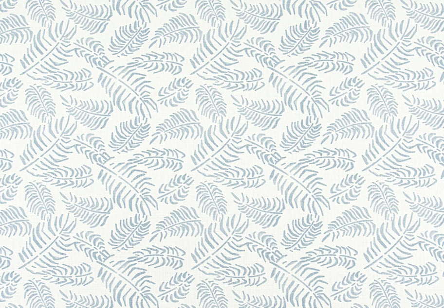 Patterned light blue leaf design on white fabric