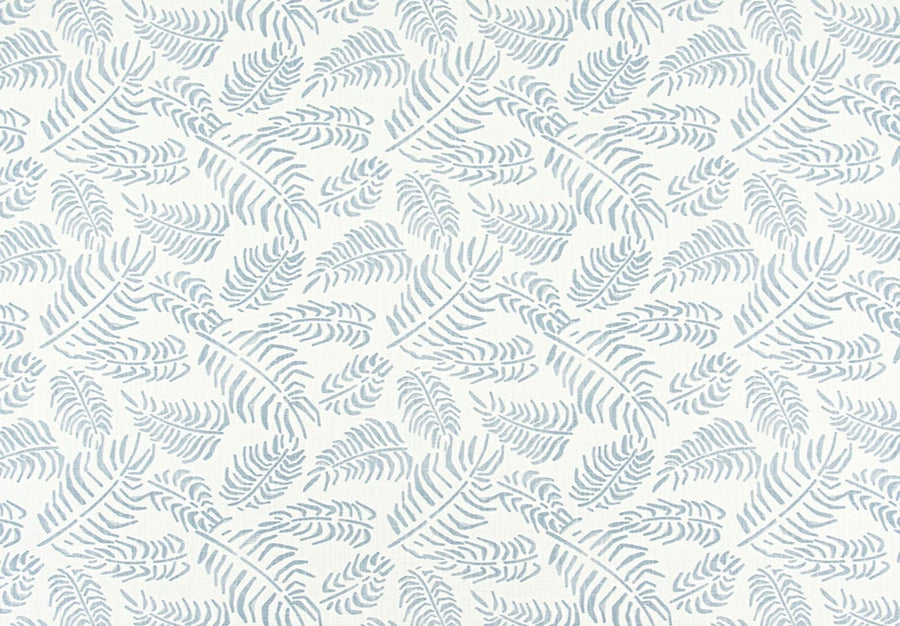 Patterned light blue leaf design on white fabric