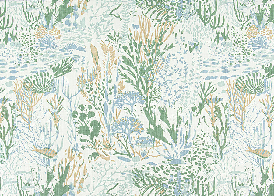 Seaweed pattern with green, blue, and beige colors on a white background