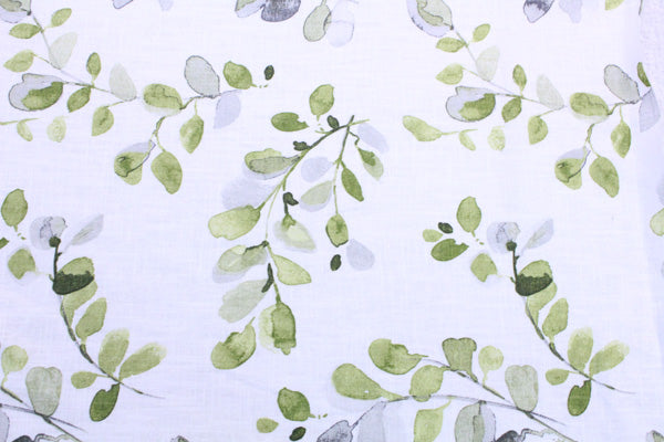 floral, green, white, drapery, bedding, fabric by the yard, leaf