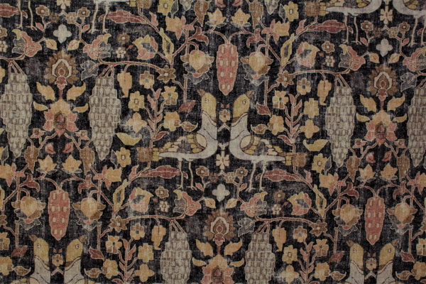 black, yellow, birds, floral, cotton drapery fabric by the yard