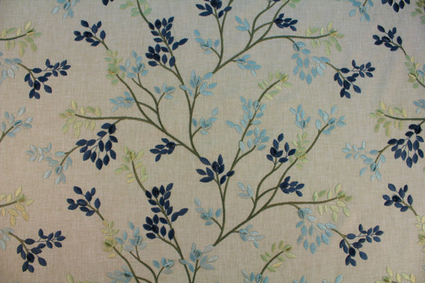 embroidered, green, blue, floral, drapery, bedding, fabric by the yard