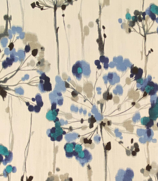 dandelion, ivory, blue, grey, flower, drapery fabric by the yard