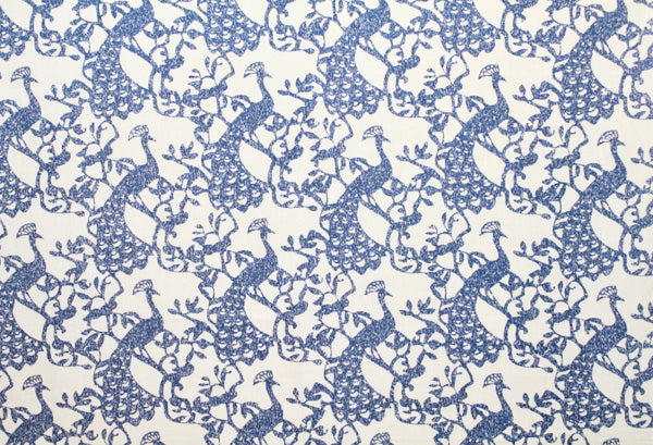 blue and ivory floral, bird, linen, drapery and upholstery fabric, peacocks