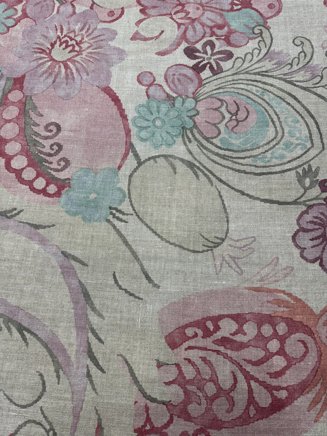 Acquitaine linen, blue, green, pink, purple, floral drapery, bedding, upholstery fabric by the yard