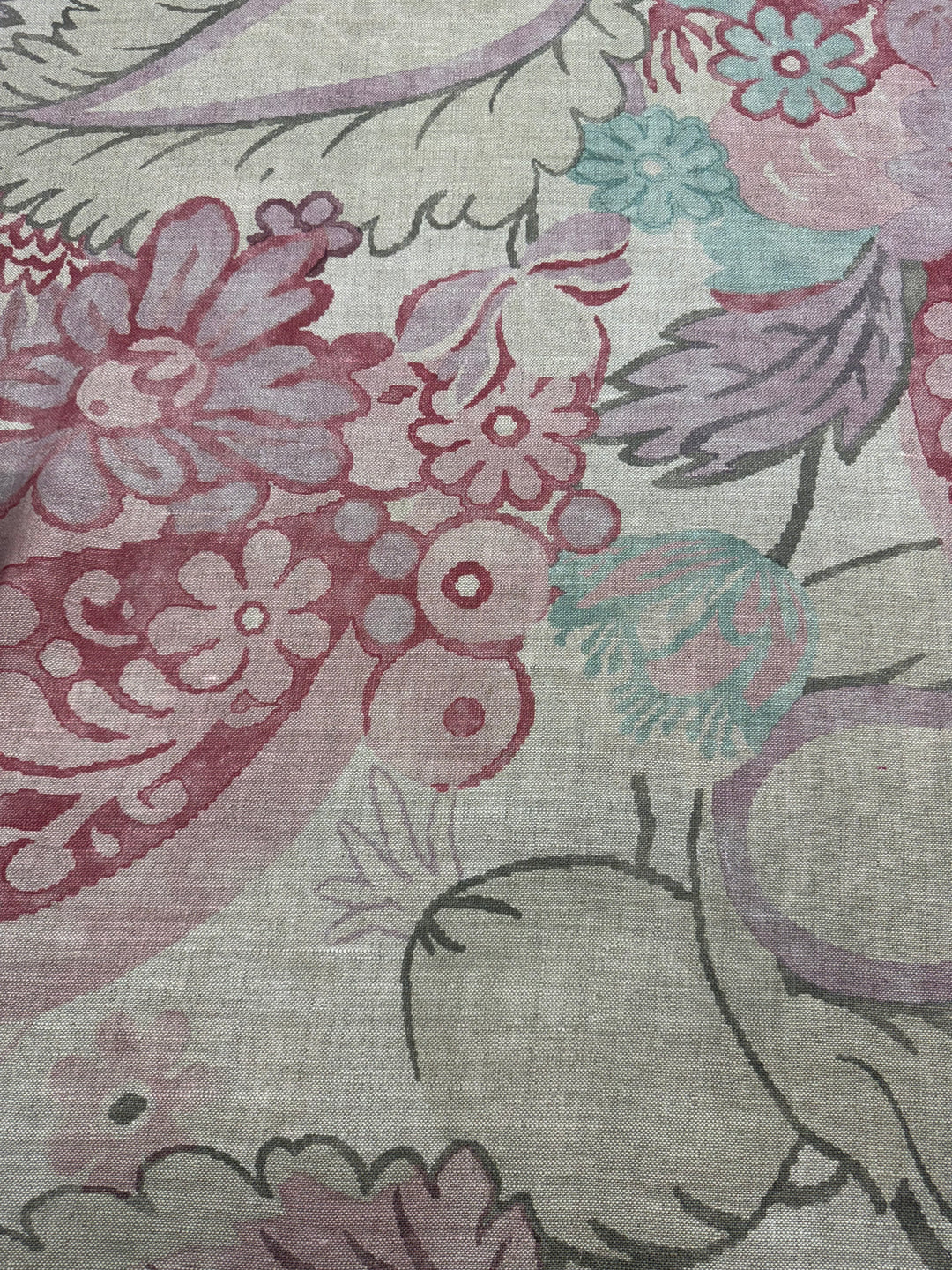 Acquitaine linen, blue, green, pink, purple, floral drapery, bedding, upholstery fabric by the yard