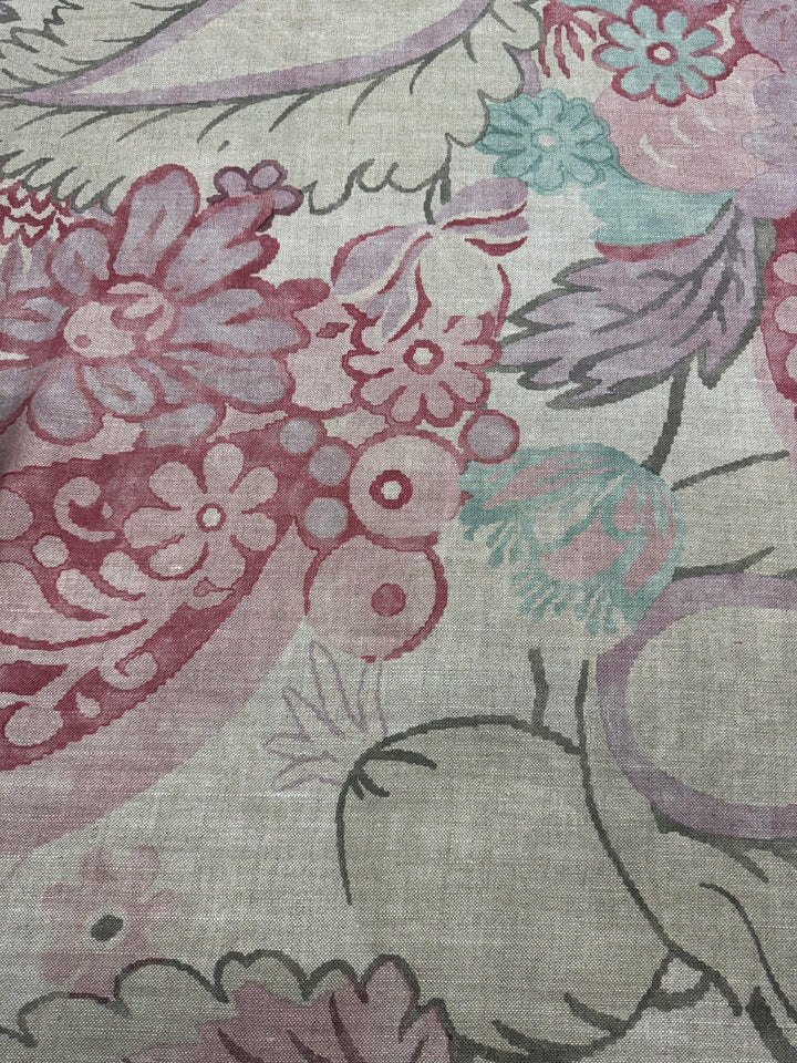 Acquitaine linen, blue, green, pink, purple, floral drapery, bedding, upholstery fabric by the yard