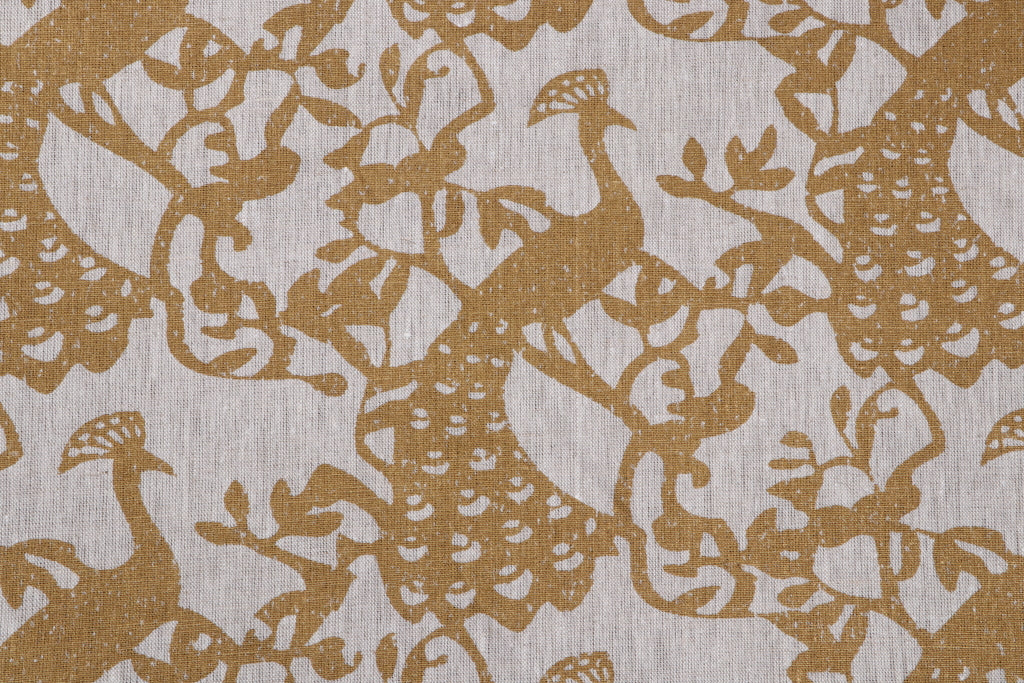 gold, oatmeal, birds, linen, drapery, upholstery fabric, peacocks