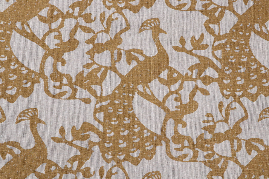 gold, oatmeal, birds, linen, drapery, upholstery fabric, peacocks