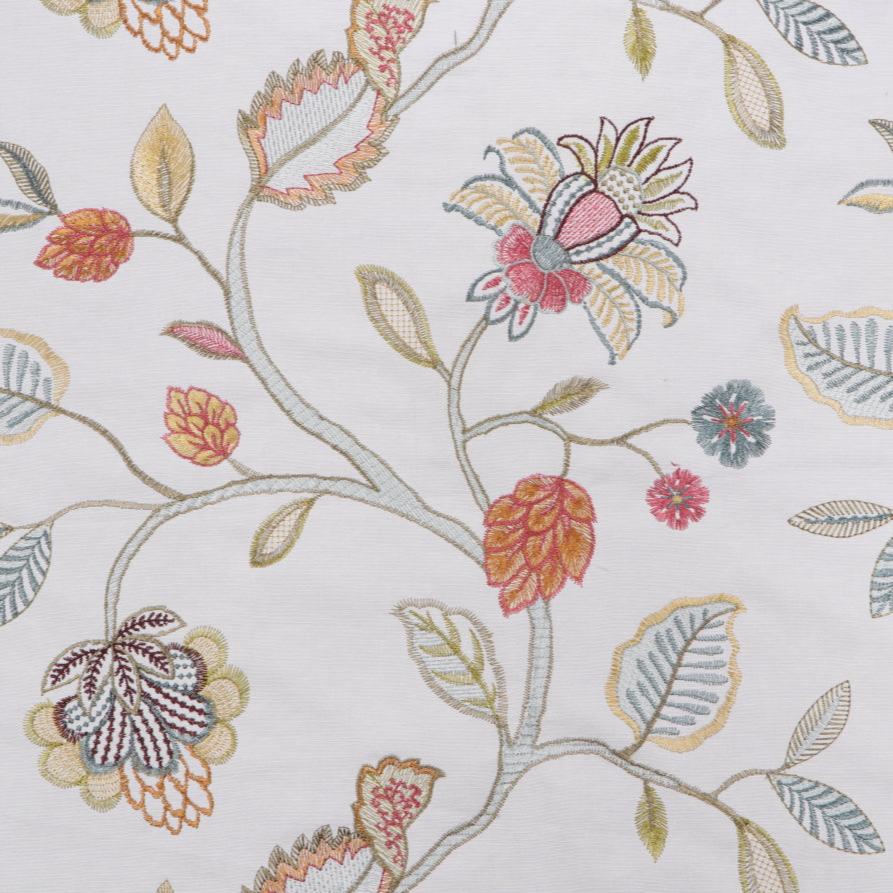 floral, embroidered, multi-colored, drapery, upholstery fabric by the yard