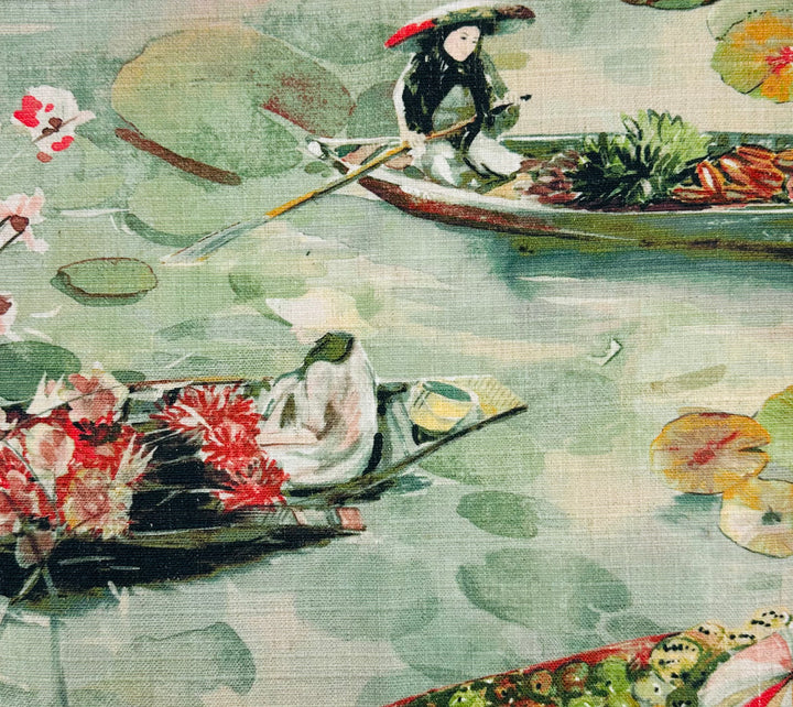 chinoiserie, lake, people, oriental, fabric by the yard