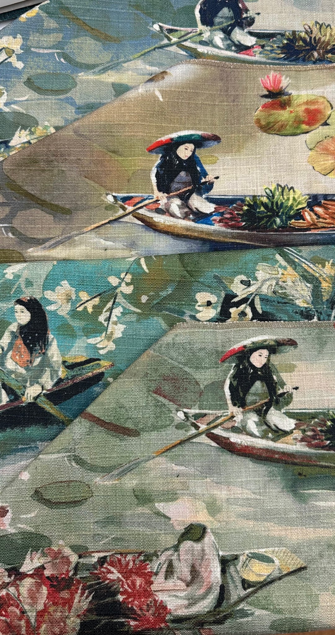 chinoiserie, lake, people, oriental, fabric by the yard