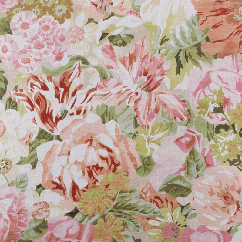 A close-up of a vintage floral pattern fabric featuring large pink, peach, and white flowers with green leaves on a light cream background.