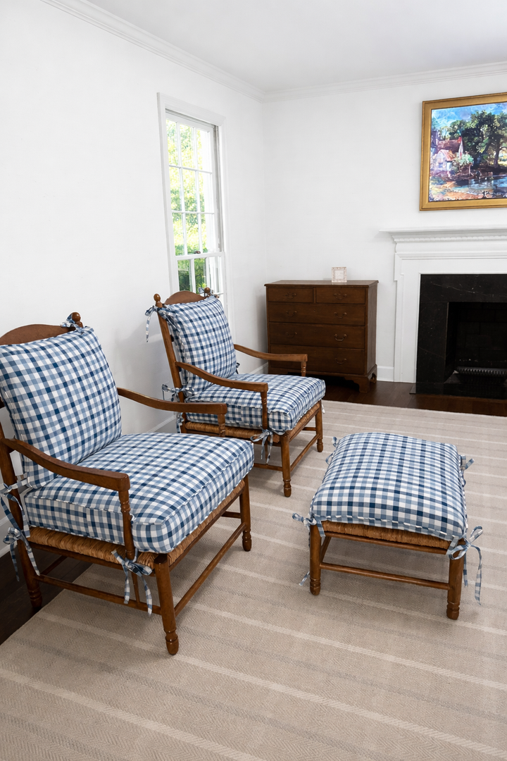 matching chairs with blue and white fabric