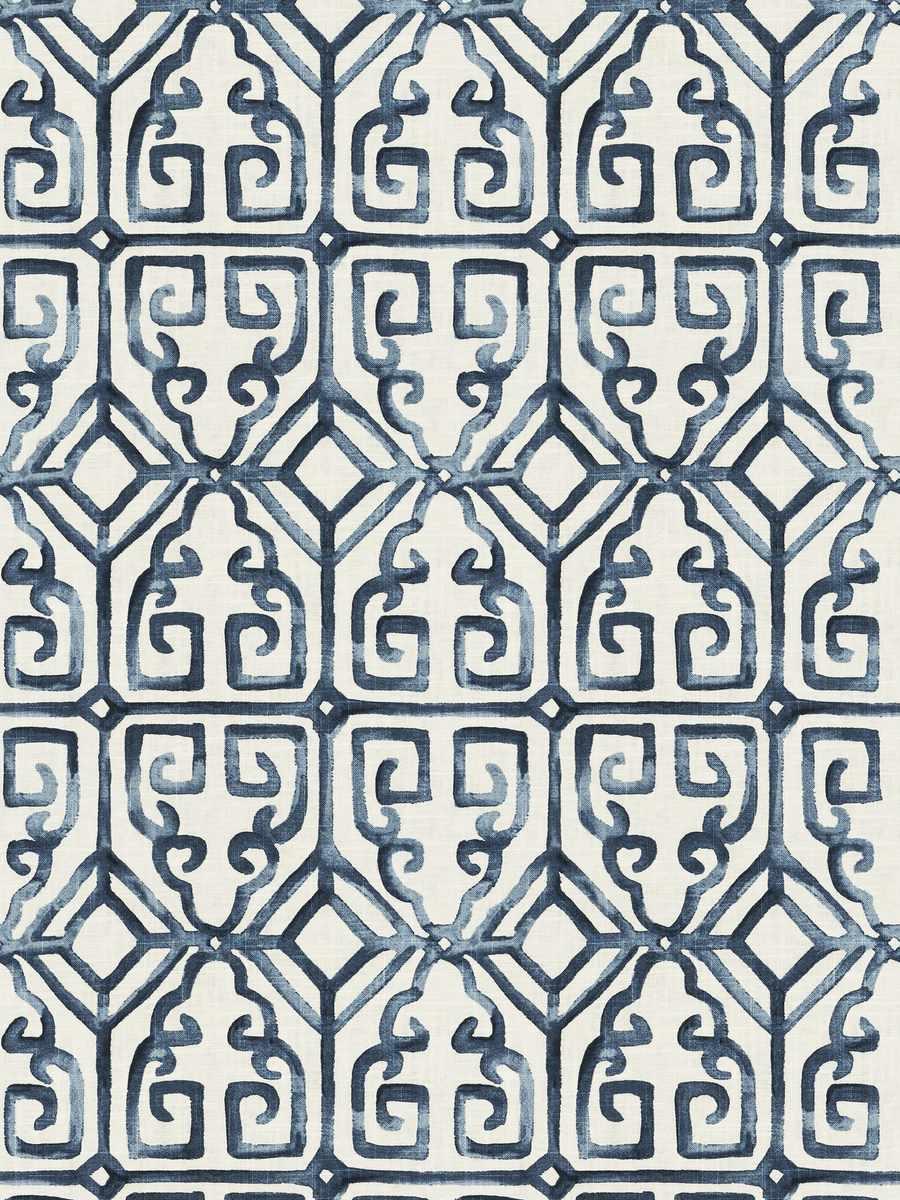 Blue, Geometric, Linen, Lattice, Asian, Print, Fabric By The Yard