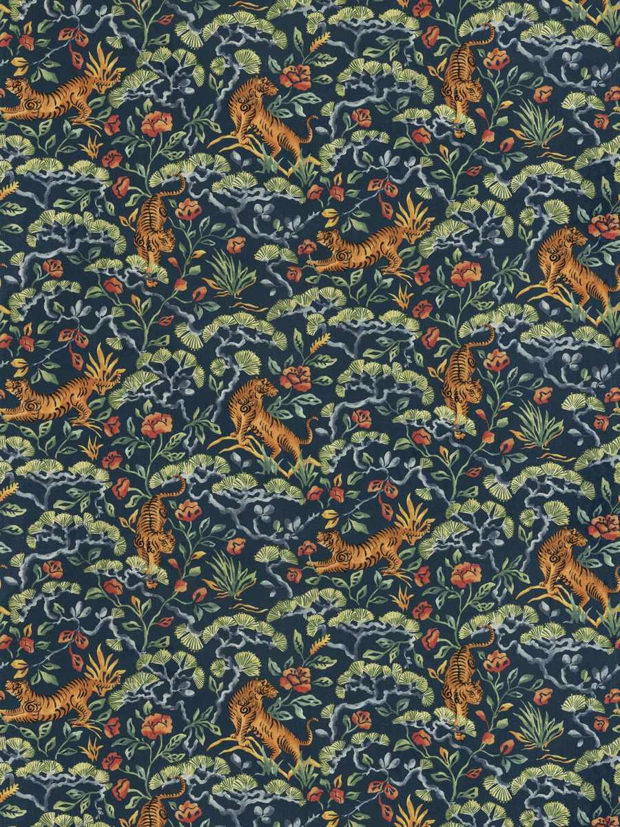 blue, navy, multi-color, tiger, animal print, drapery, bedding, upholstery, fabric by the yard