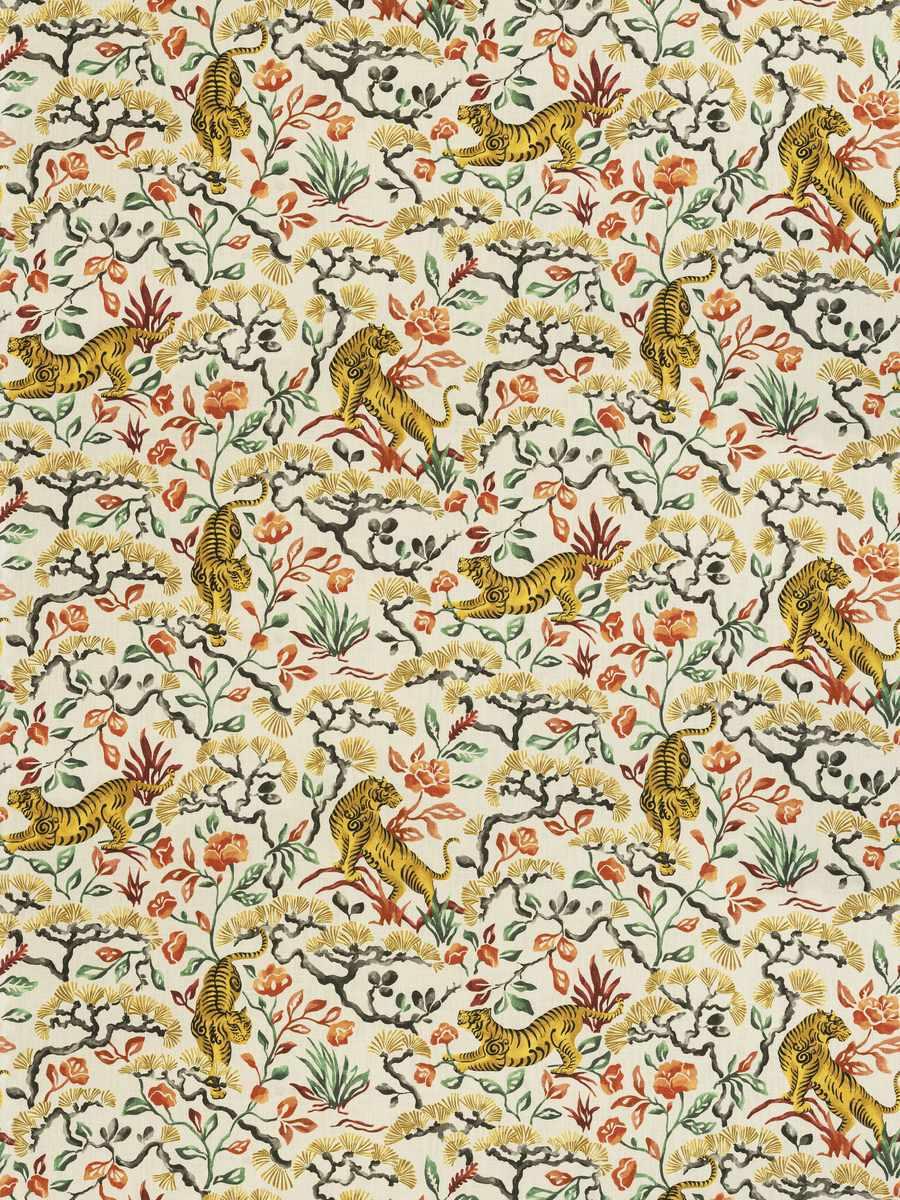 tiger, toile, multi-colored, floral, Asian, drapery, bedding fabric by the yard