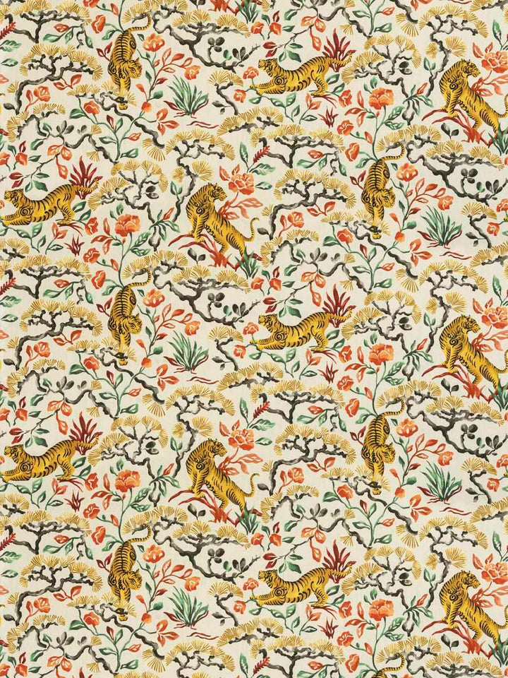 tiger, toile, multi-colored, floral, Asian, drapery, bedding fabric by the yard