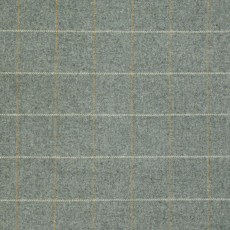 Textured fabric with a check pattern in shades of gray and green.