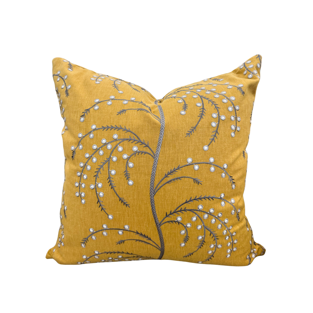 mustard embroidered floral pillow