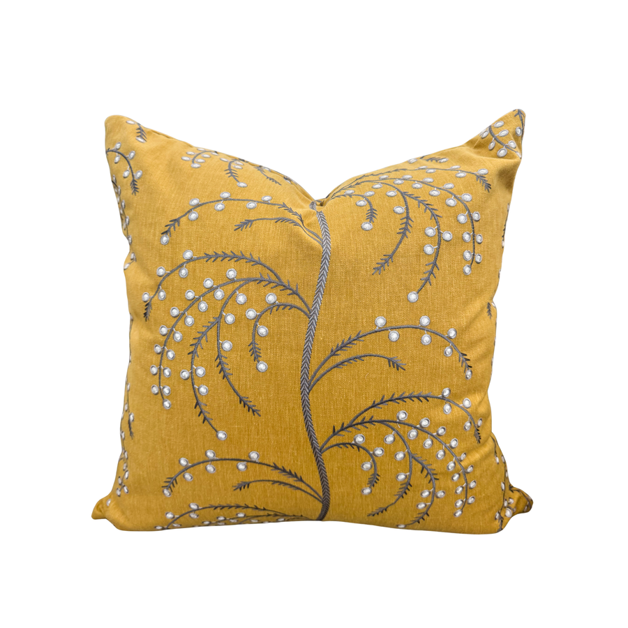mustard embroidered floral pillow