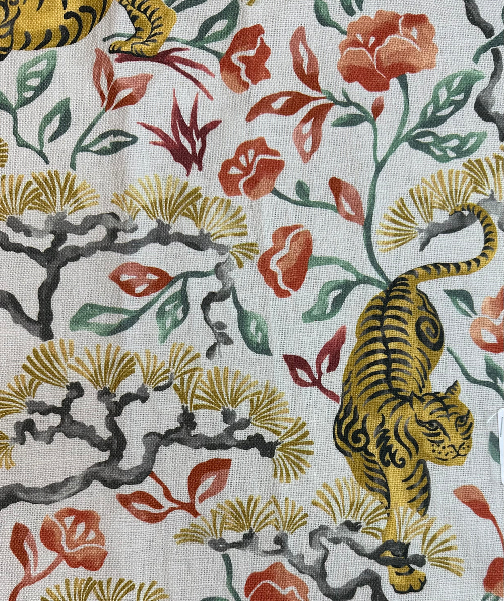 tiger, toile, multi-colored, floral, Asian, drapery, bedding fabric by the yard