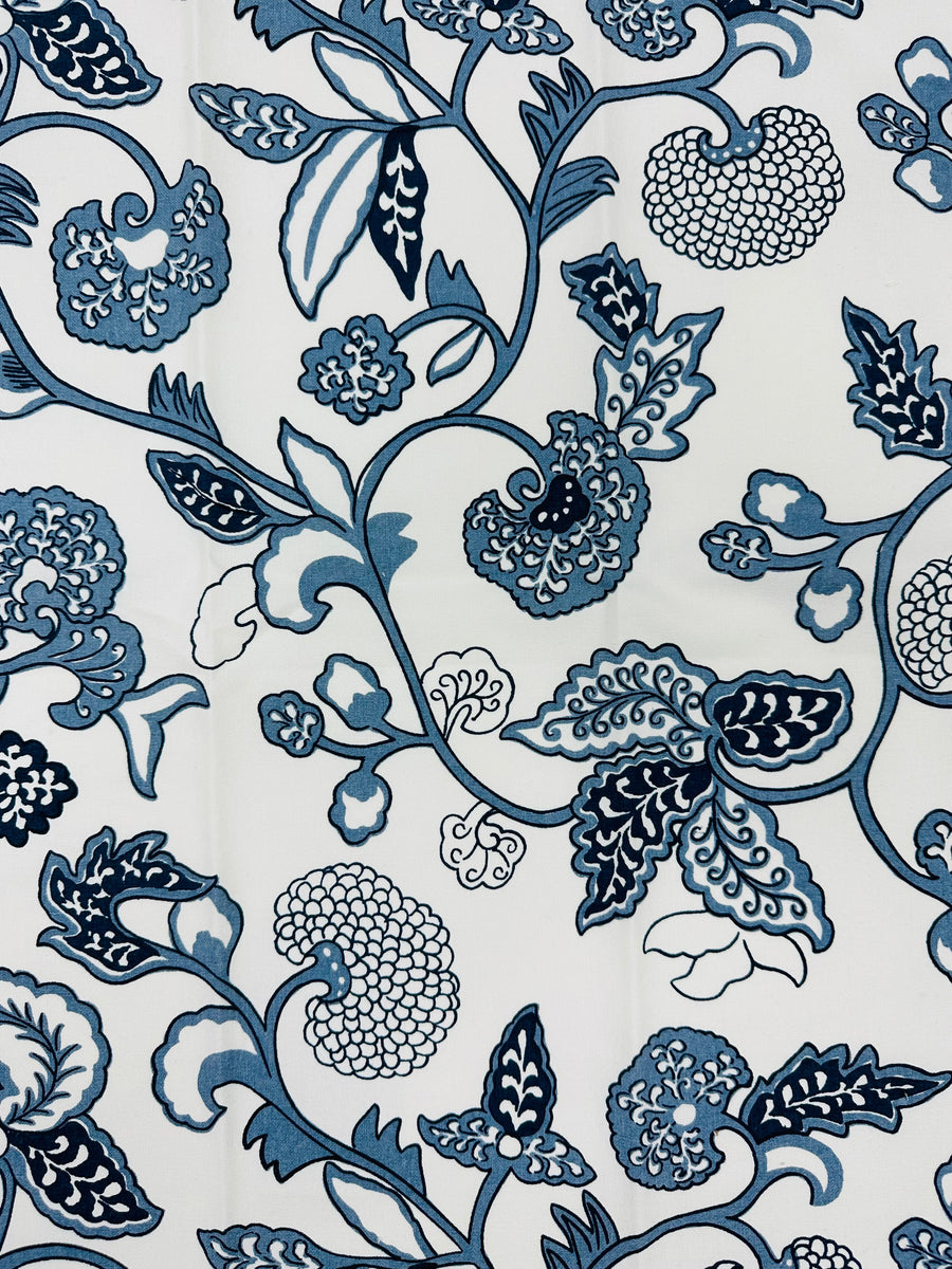 white, blue, floral, drapery, bedding, fabric by the yard